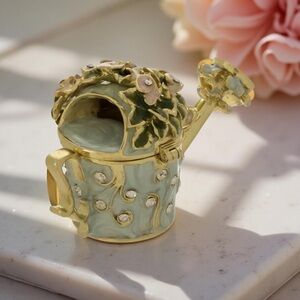 Elegant Vintage Gold and Green Watering Can Trinket Box